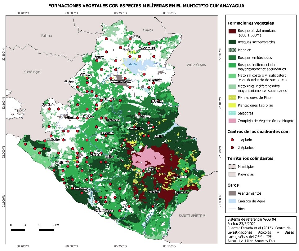 Formaciones vegetales y localización de apiarios en el municipio Cumanayagua. Elaborado por los autores a partir de Estrada et al. (2013).